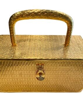 Vintage 1950s Koret Gold Textured Metal Top-Handle Women’s Box Bag With Mirror